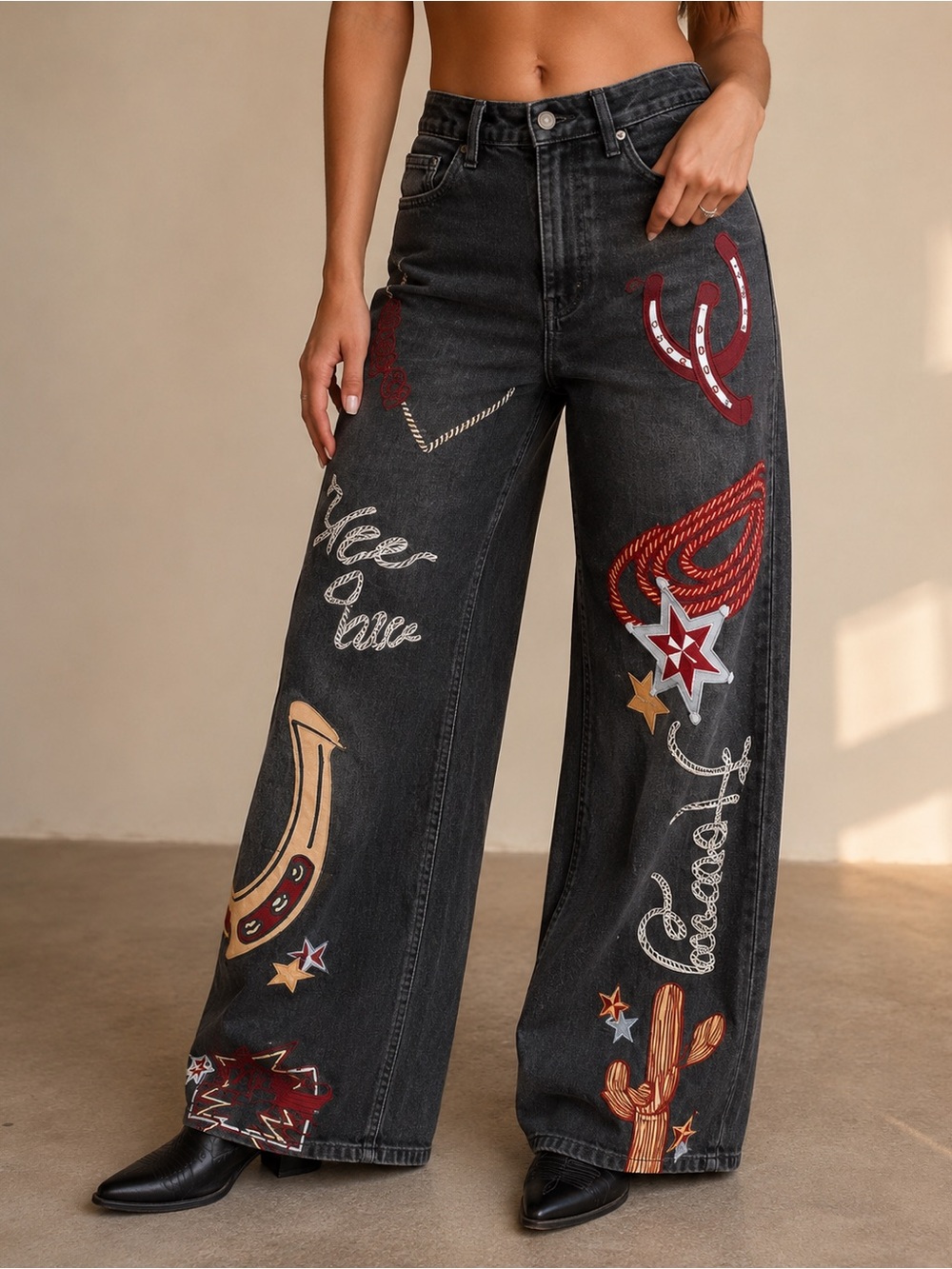 Lucky & Blessed Charcoal Western Printed Howdy High Rise Wide Leg Jeans